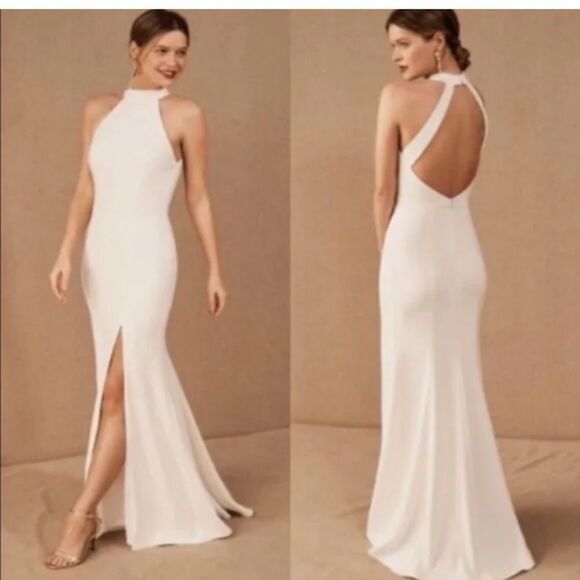 BHLD High Neckline Juliana Stretch Crepe Maxi Dress, side slit silhouette Size 2 - Picture 3 of 11